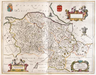 Denbigh e Flintshie, em "Theatrum Orbis Terrarum, sive Atlas Novus" de Willem Blaeu, Amesterdão