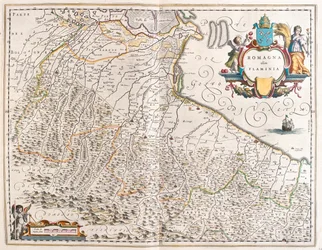 Emilia Romagna, Itália, em "Theatrum Orbis Terrarum, sive Atlas Novus" de Willem Blaeu, Amesterdão