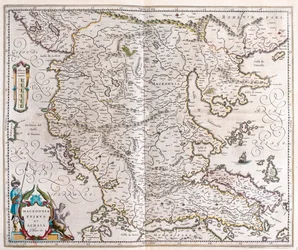 Grécia, Macedónia, Albânia, em "Theatrum Orbis Terrarum, sive Atlas Novus" de Willem Blaeu, Amesterdão