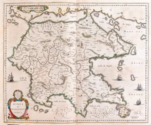Grécia, Peloponeso, em "Theatrum Orbis Terrarum, sive Atlas Novus" de Willem Blaeu, Amesterdão