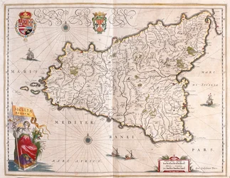 Ilha da Sicília, Itália, em "Theatrum Orbis Terrarum, sive Atlas Novus" de Willem Blaeu, Amesterdão