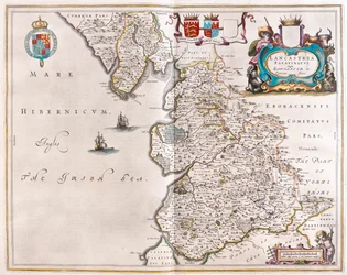 Lancaster e Lancastshire, em "Theatrum Orbis Terrarum, sive Atlas Novus" de Willem Blaeu, Amesterdão