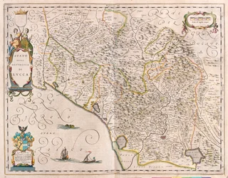 Lucca, Itália, em "Theatrum Orbis Terrarum, sive Atlas Novus" de Willem Blaeu, Amesterdão