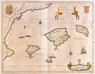 Maiorca, Menorca e Ibiza, incluindo as costas da Catalunha e de Valência, em "Theatrum Orbis Terrarum, sive Atlas Novus" de Willem Blaeu, Amesterdão
