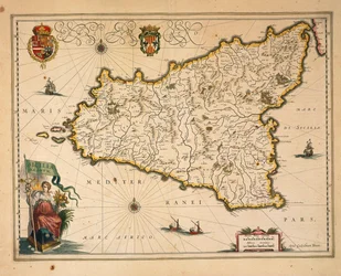Mapa da Sicília, de Willem Blaeu, da Regionum Italiae, gravura