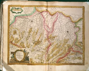 Mapa do ducado de Parma, gravura da Regionum Italiae de Willem Blaeu, impresso na Itália