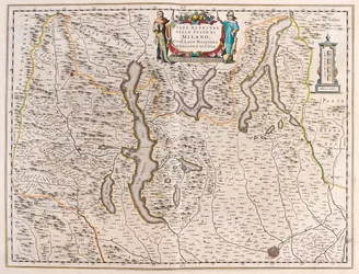 Milão, com os lagos: Maggiore, Lugano e Como, Itália-Suíça - em "Theatrum Orbis Terrarum, sive Atlas Novus" de Willem Blaeu, Amesterdão