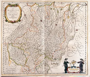 Modena, Reggio Emilia, Carpi, parte final de Garfagnana, Itália, em "Theatrum Orbis Terrarum, sive Atlas Novus" de Willem Blaeu, Amesterdão