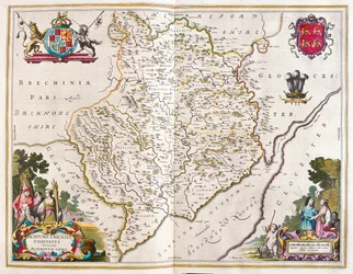 Monmouth shire (Inglaterra e País de Gales), em "Theatrum Orbis Terrarum, sive Atlas Novus" de Willem Blaeu, Amesterdão
