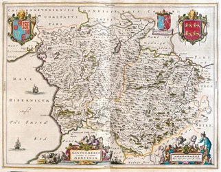 Montgomery e merioneth, em "Theatrum Orbis Terrarum, sive Atlas Novus" de Willem Blaeu, Amesterdão