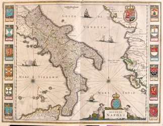 Nápoles, Itália, em "Theatrum Orbis Terrarum, sive Atlas Novus" de Willem Blaeu, Amesterdão