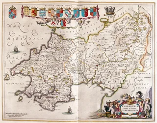 Pembrokrshire e carmarthenshire, em "Theatrum Orbis Terrarum, sive Atlas Novus" de Willem Blaeu, Amesterdão