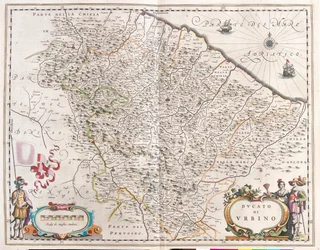 Pesaro e Urbino, Itália, em "Theatrum Orbis Terrarum, sive Atlas Novus" de Willem Blaeu, Amesterdão