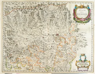 Piemont, Vale de Aosta e Ligúria, Itália, em "Theatrum Orbis Terrarum, sive Atlas Novus" de Willem Blaeu, Amesterdão