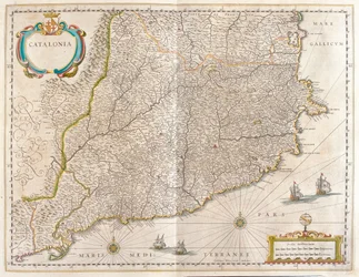 Província da Catalunha, Espanha, em "Theatrum Orbis Terrarum, sive Atlas Novus" de Willem Blaeu, Amesterdão