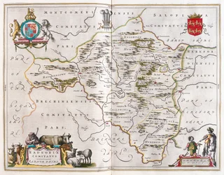Radnorshire, em "Theatrum Orbis Terrarum, sive Atlas Novus" de Willem Blaeu, Amesterdão