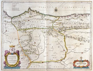 Província espanhola das Astúrias, Castela e Leão, incluindo as cidades de Oviedo, Leão, Santander, Valladolid, em "Theatrum Orbis Terrarum, sive Atlas Novus" de Willem Blaeu, Amesterdão