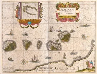 Ilhas das Especiarias e Ilha de Bachian (Batjan), em "Theatrum Orbis Terrarum, sive Atlas Novus" de Willem Blaeu, Amesterdão