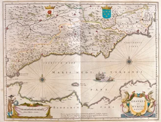 Estreito de Gibraltar a Alicante, até ao interior do vale do Guagalquivir e Sevilha e à costa do Norte de África, em "Theatrum Orbis Terrarum, sive Atlas Novus" de Willem Blaeu, Amesterdão