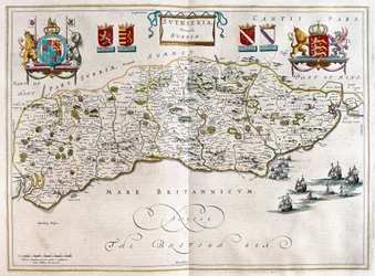 Sussex, em "Theatrum Orbis Terrarum, sive Atlas Novus" de Willem Blaeu, Amesterdão