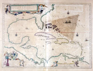 O Mar do Caribe: você pode ver o triângulo das Bermudas entre o Arquipélago das Bermudas, Miami e Porto Rico. De acordo com o Atlas de Wilhelm Blaeu