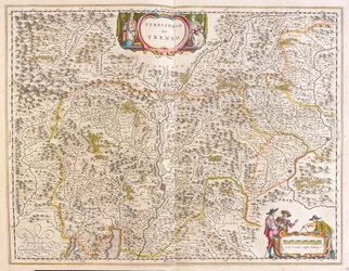Trento, Itália, em "Theatrum Orbis Terrarum, sive Atlas Novus" de Willem Blaeu, Amesterdão
