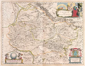 Úmbria, Itália, em "Theatrum Orbis Terrarum, sive Atlas Novus" de Willem Blaeu, Amesterdão