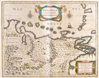 Venezuela, Trinidade, Tobago, Tortuga, Antilhas, Caraíbas, em "Theatrum Orbis Terrarum, sive Atlas Novus" de Willem Blaeu, Amesterdão