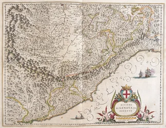 Riviera ocidental da Ligúria, Itália, em "Theatrum Orbis Terrarum, sive Atlas Novus" de Willem Blaeu, Amesterdão