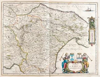 cidade de Bari e Basilicata, Itália, em "Theatrum Orbis Terrarum, sive Atlas Novus" de Willem Blaeu, Amesterdão