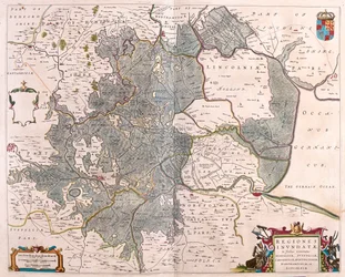 áreas inundadas" de Norfolk, Suffolk, Huntington, Northampton Cambridge e Lincoln, em "Theatrum Orbis Terrarum, sive Atlas Novus" de Willem Blaeu, Amesterdão