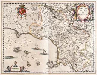 região da Campânia, Itália, no "Theatrum Orbis Terrarum, sive Atlas Novus" de Willem Blaeu, Amesterdão