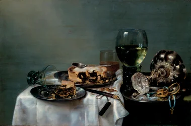 Mesa de pequeno-almoço com tarte de amoras, pintura de Willem Claesz Heda (1594-1680), 1631, dimensões 54 x 82 cm, Colecções Estatais de Arte de Dresden, Dresden