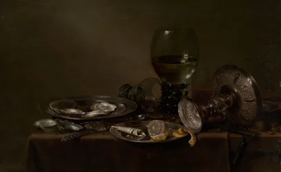 Ainda vida com ostras, uma prata Tazza, e Glassware, 1635.