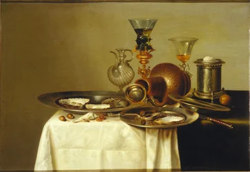 Natureza morta com roemer em suporte dourado, grés e ostras, 1637.