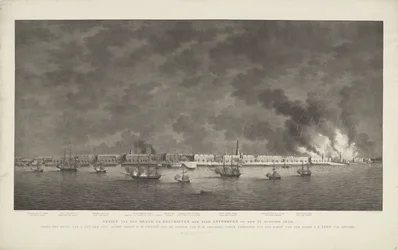 Vista da Marca e Tiro da Cidade de Antuérpia em 27 de outubro de 1830, sob o comando de Z. Exc.e Luit.t Gener.l Baron D.H. chassis; com a posição do Esquadrão Z.M. sob o comando do Capitão do Mar, Jonkh.r J.E. Lewe van Aduard (título em obj