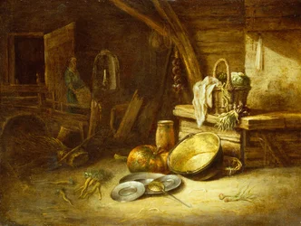 Uma cozinha com legumes em uma cesta de vime, pratos de estanho e uma abóbora (óleo sobre cobre)