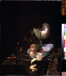 "Natureza morta com uma taça de pérola" Pêssegos, limão com a sua casca e copo de vinho. Pintura por Willem Kalf (1619-1693) ca. 1660 Museu Pushkin, Moscovo