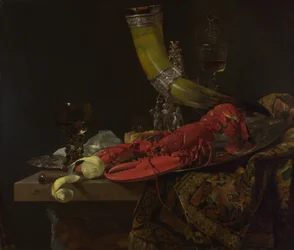 Natureza-morta com o corno de beber da guilda de arqueiros de São Sebastião, lagosta e copos, c. 1653