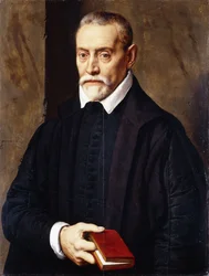 Retrato de um acadêmico, meio comprimento, em traje preto, segurando um livro,