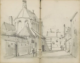 Rua de aldeia com uma igreja e figuras