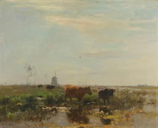 Prado com vacas à beira da água
Prado com vacas ao lado da água