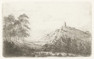Paisagem montanhosa com castelo no topo da montanha