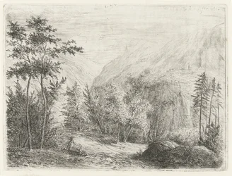 Paisagem de montanha com figura de repouso ao longo da estrada