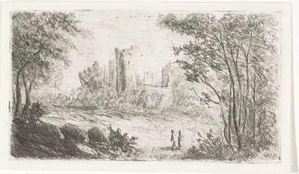 Paisagem com ruínas do castelo e duas figuras