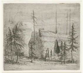 Paisagem rochosa com árvores coníferas, o chamado Teufelkanzel Teufelkantzel Baxen (título no objeto)