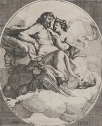 Júpiter e Juno sentados nas nuvens, com uma águia segurando os relâmpagos em baixo à esquerda, 1631.