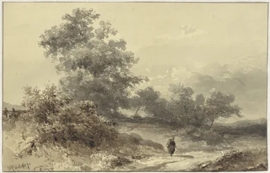 Paisagem com arbustos e uma figura em uma estrada rural