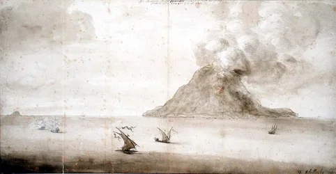 PD.703-1963 Vista do Stromboli, c.1661-5 (giz, caneta e tinta, lavar)