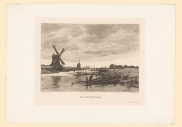 Paisagem com moinhos de vento ao longo de um canal Perto de Amsterdã (título no objeto)